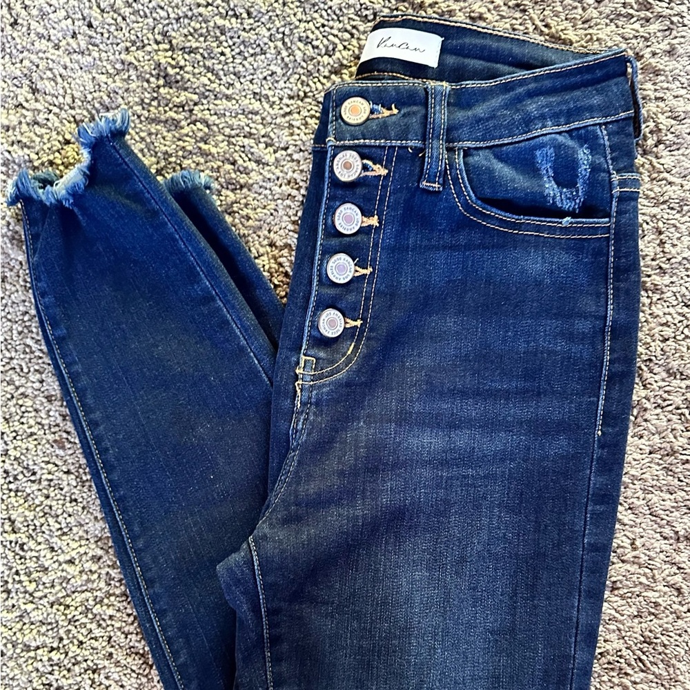 KanCan Dark Blue Skinny Jeans. Stretchy with Distressed Hem.